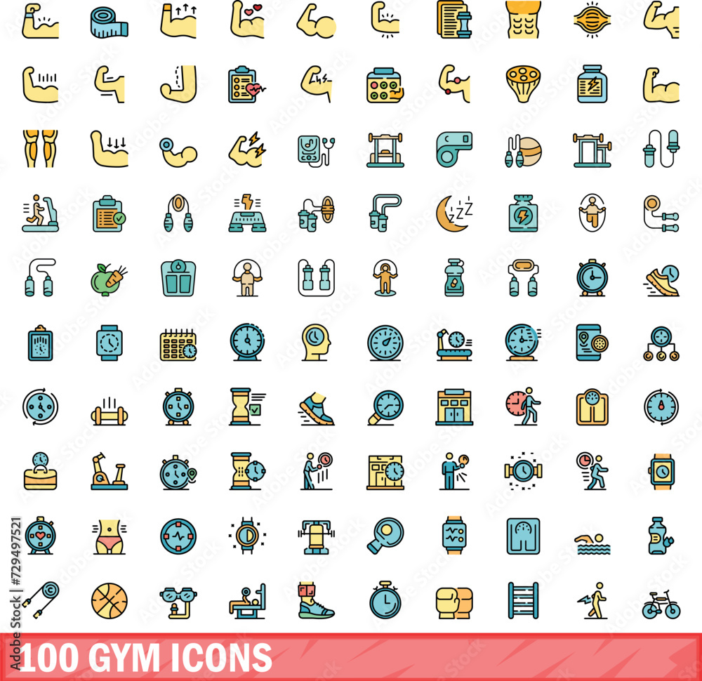 100 gym icons set. Color line set of gym vector icons thin line color flat on white 100 gym icons set. Color line set of gym vector icons thin line color flat on white