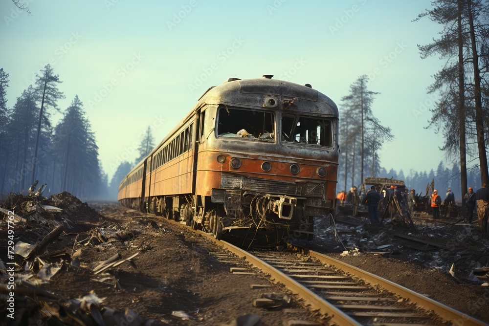 Obraz premium old and abandoned rusty train. A missile strike attack on the civilian population during the war.