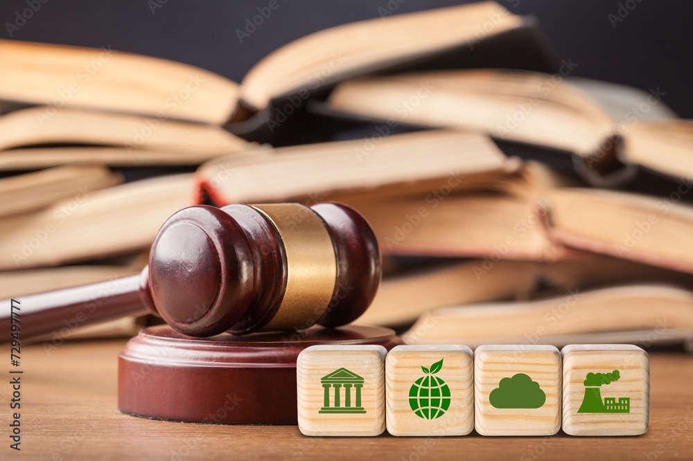 Law international green environmental icons on wooden cubes