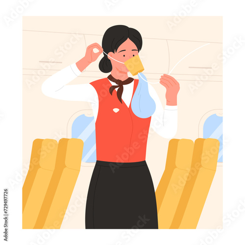 Flight attendant showing oxygen mask. Cabin crew safety demonstration cartoon vector illustration