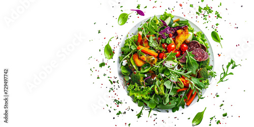 South African style salad with ingredients such as biltong, avo and sweet potato, on a white background. photo