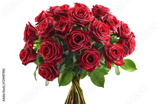 A lush bouquet of red roses  carefully arranged to create a luxurious and romantic atmosphere against a pristine white background.