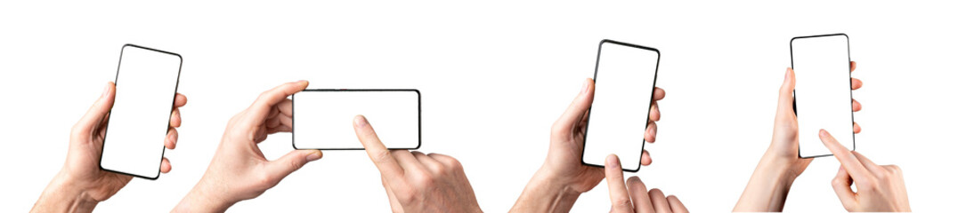 Mobile phone mockups set, smartphone screen mock up frame in hand isolated on white background