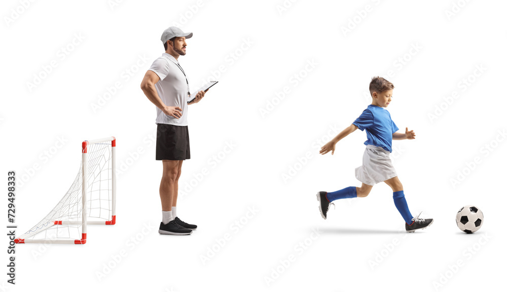 Full length profile shot of a coach watching a boy running with a football Full length profile shot of a coach watching a boy running with a football