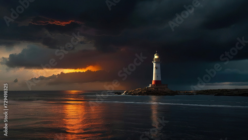 Lighthouse on the seaside, stormy sea with thunderclouds, the lighthouse beam shining far. The lighthouse as a symbol of hope. © Sahaidachnyi Roman