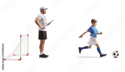Full length profile shot of a coach watching a boy running with a football