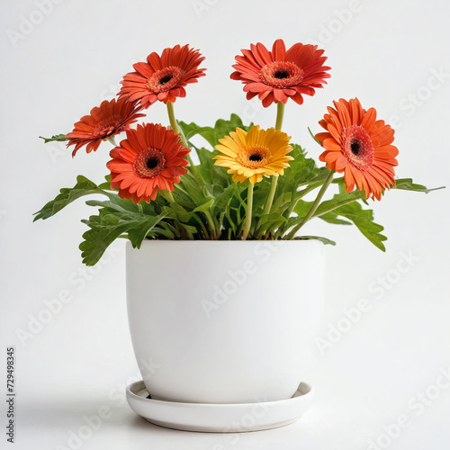 Illustration of potted gerbera daisy plant white flower pot Gerbera jamesonii isolated white background indoor plants
 photo