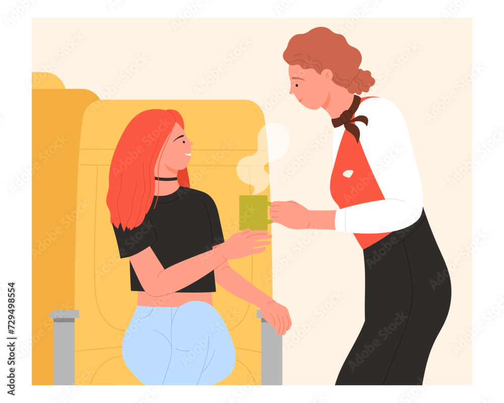Flight attendant giving coffee to passenger. Cabin crew service cartoon vector illustration Flight attendant giving coffee to passenger. Cabin crew service cartoon vector illustration