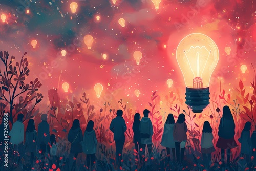 A group of mesmerized individuals marvel at the dazzling display of an outdoor light bulb, reminiscent of the explosion and wonder of fireworks photo