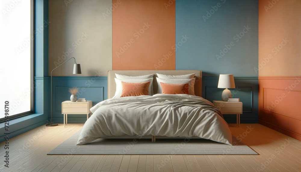Modern bedroom interior with king-size bed, two-tone walls, and wooden floor. Generative AI