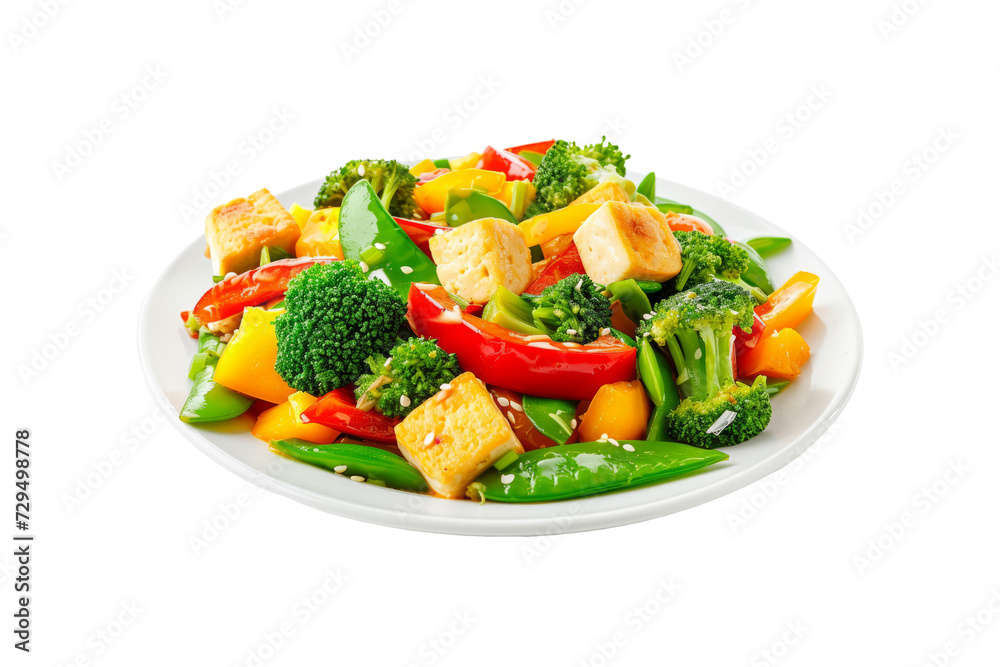 vegetable stir-fry with tofu, bell pepper, broccoli and peas in a healthy and attractive vegetarian dish on a white background vegetable stir-fry with tofu, bell pepper, broccoli and peas in a healthy and attractive vegetarian dish on a white background