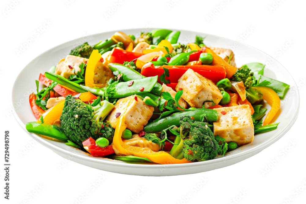 vegetable stir-fry with tofu, bell pepper, broccoli and peas in a healthy and attractive vegetarian dish on a white background