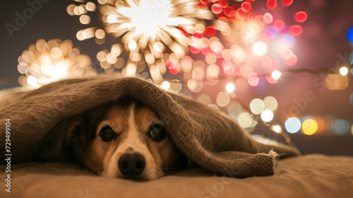 dog hiding under a blanket afraid of fireworks