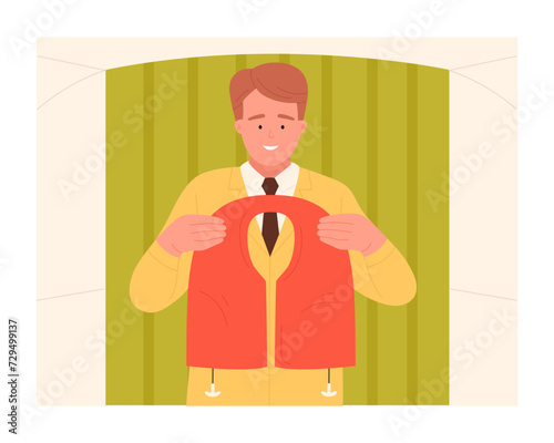 Flight attendant with safety life jacket. Cabin crew safety demonstration cartoon vector illustration