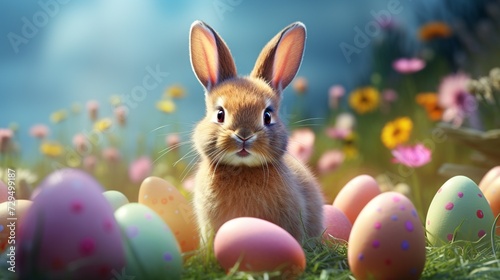 Brown Rabbit Surrounded by Colorful Easter Eggs in a Vibrant Field, Celebrating Easter Magic