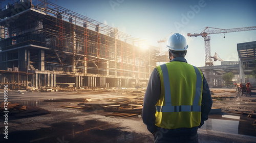 Back view of an engineer looking at a building site photo