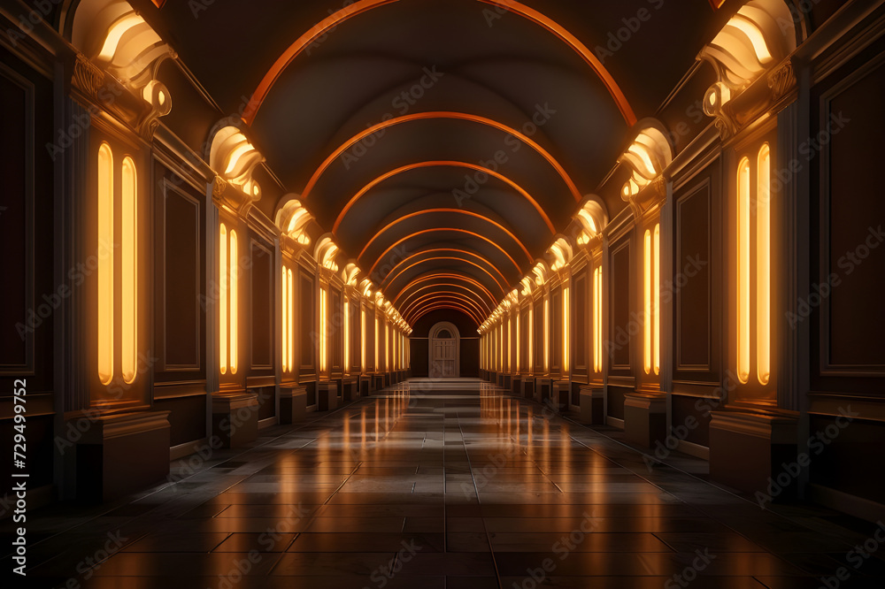 Empty Beautiful Lightening Corridor, Empty Corridor Bathed in Light, Tranquil Hallway: Beautifully Lit Empty Corridor - Ai Generated