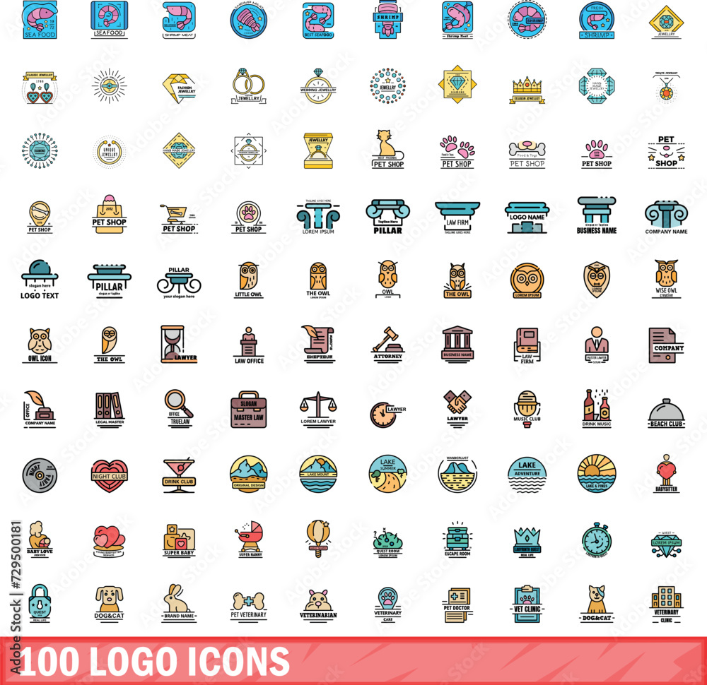 Naklejka premium 100 logo icons set. Color line set of logo vector icons thin line color flat on white