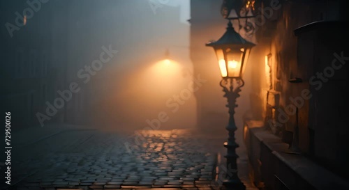 Street lamp in fog on cobblestone. The concept of mystery and solitude. photo
