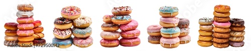 Pile group stack tower of round donut doughnut, with sprinkles nuts topping frosting on transparent background cutout, PNG file. Many assorted different. Mockup template for artwork
