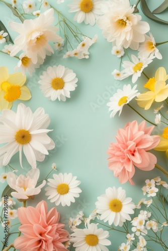 Pastel Spring Flowers Theme Graphic Design Backdrop Background   Daisy Daffodil   Clear Space for Text   Easter Light Duck Egg Blue © Solstice Studio