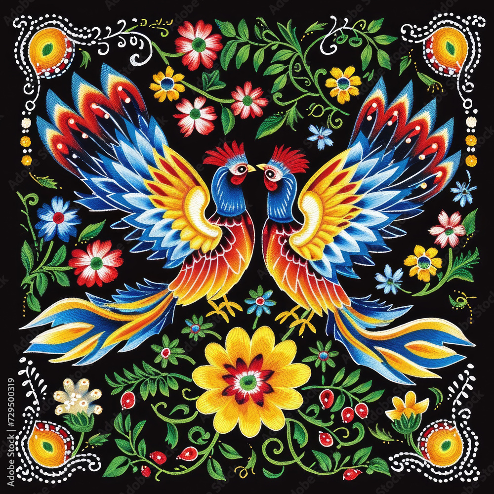 Fototapeta premium Colorful Traditional Folk Art Featuring Two Birds Surrounded by Floral Patterns
