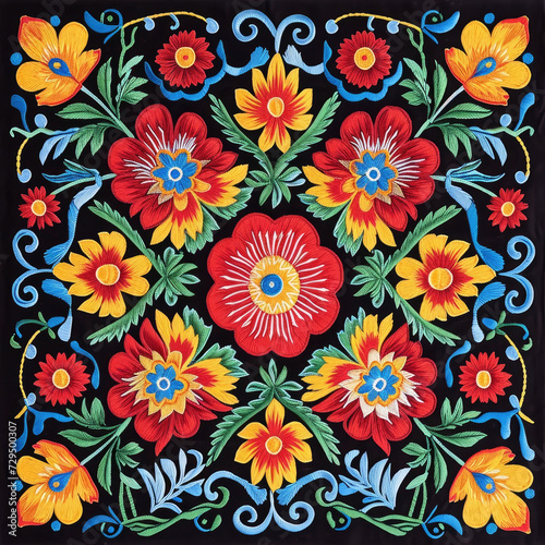 Vibrant Handmade Embroidery of Floral Design on Dark Fabric