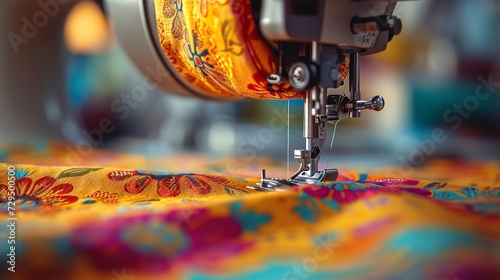 A close-up of a sewing machine needle piercing multiple layers of vibrant cloth, Generative AI. photo