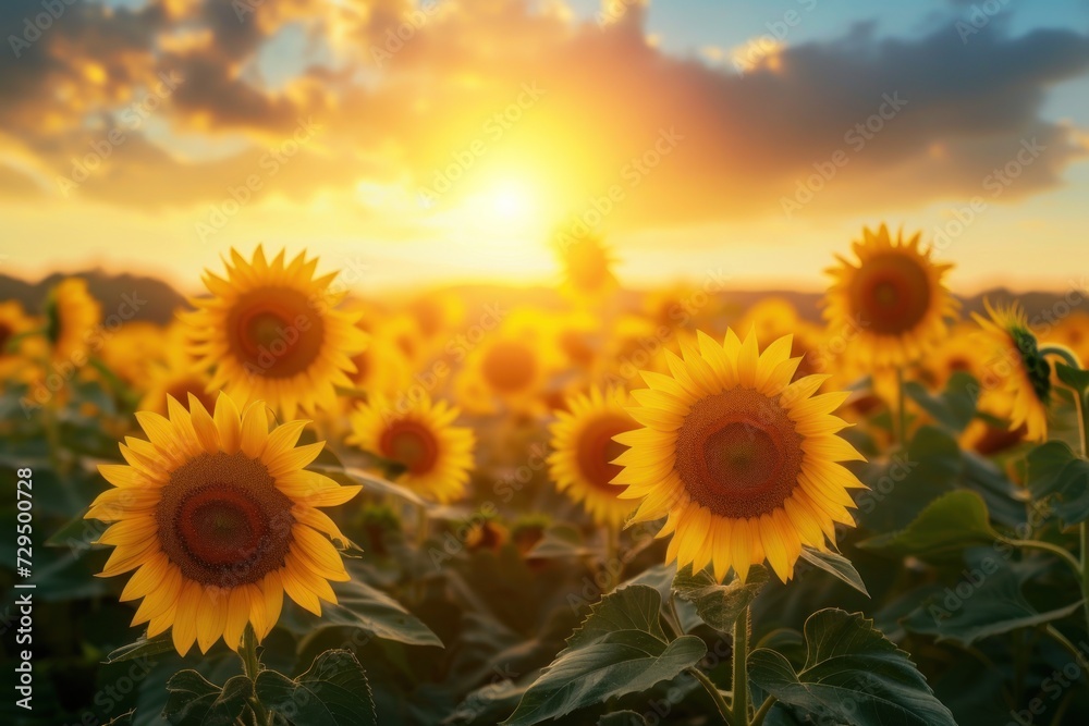 Sunflowers in a Field, A Sunny Day at the Farm, Blooming Yellow Flowers, Golden Sunflower Field.