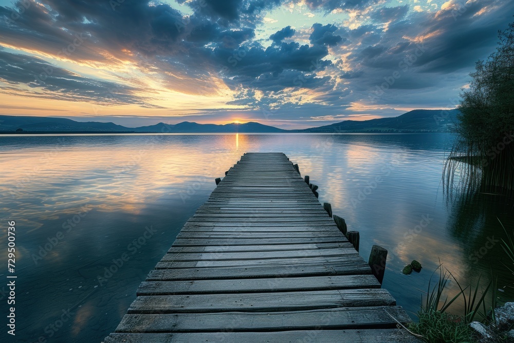 A serene sunset over the lake, Walking towards the horizon on a wooden pier, The calmness of nature at dusk, A peaceful evening by the water's edge.