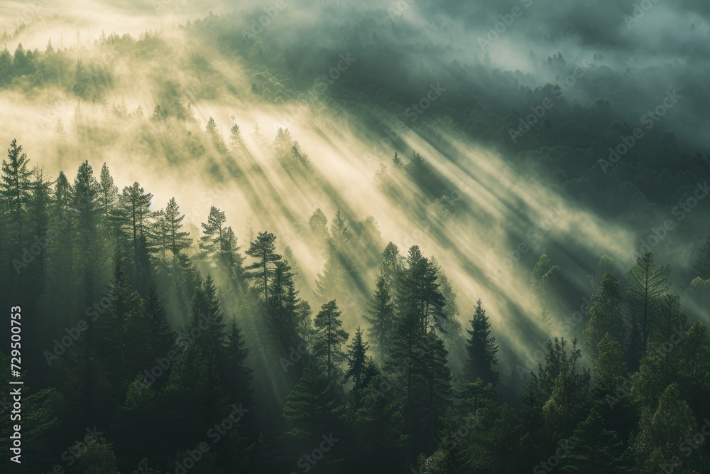 Misty Forest, Sunlit Trees in the Fog, Glowing Sunlight Through the Trees, Enchanted Woodland.