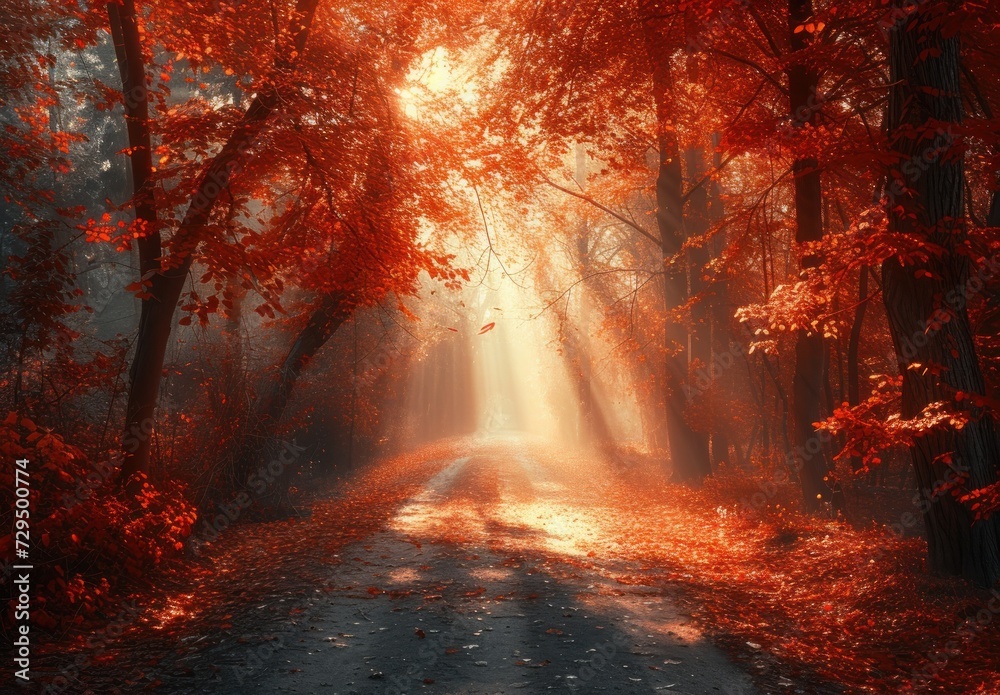 Autumn's Glowing Path, The Sunlit Road Through the Forest, A Golden Pathway in Fall, Nature's Enchantment: The Sunlit Road.
