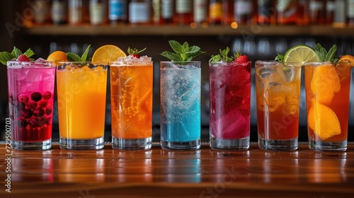 Colorful Fruit Cocktails, Six Refreshing Drinks on Ice, Flavorful Fruit Juice Combinations, Variety of Fruity Beverages.