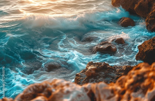  Ocean waves crashing against the rocks., , The sun is setting over the ocean, casting a warm glow on the scene., , The rocky shoreline creates an interesting contrast with the calm water., , 