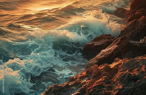 Sunset at the Ocean Shore, Waves Crashing Against Rocks, Golden Hour by the Sea, Rocky Cliffside Meets the Ocean.