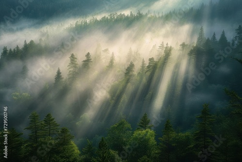 Misty Morning in the Forest, Sunlight Streaming Through Trees, Glowing Sunrise Over Pine Trees, The Magic of Light in a Forest. © Marius