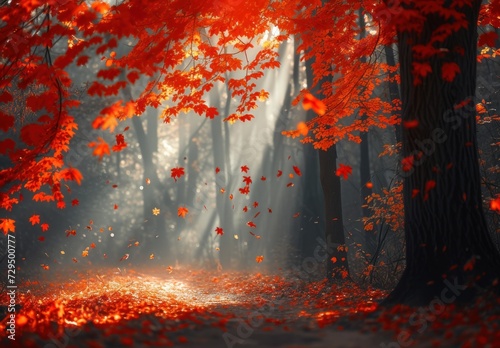 Autumn Path  Fallen Leaves  Woodland Trees in Fall  Sunlight Through the Forest.