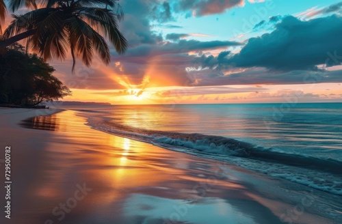Sunset at the Beach  Golden Hour on the Shore  Serene Ocean Scene with Palm Trees  Calming Sunset Over Sandy Beach.