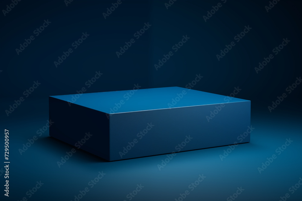 Minimalist deep blue 3D mock-up box on a matching dark blue background with a soft spotlight effect. Minimalist deep blue 3D mock-up box on a matching dark blue background with a soft spotlight effect.