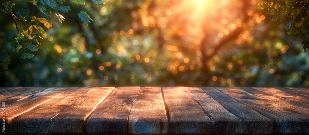 wooden table and flowers and trees, strong sunlight, copy space