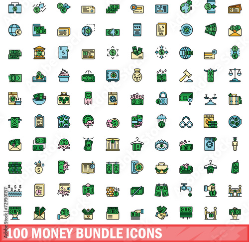 100 money bundle icons set. Color line set of money bundle vector icons thin line color flat on white