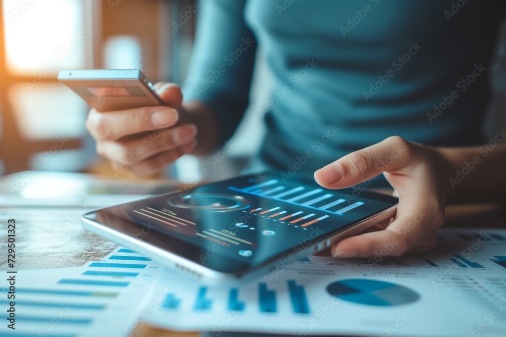 Close-up of hands analyzing financial charts on a tablet with a smartphone in hand, highlighting modern digital business strategy and analysis Close-up of hands analyzing financial charts on a tablet with a smartphone in hand, highlighting modern digital business strategy and analysis