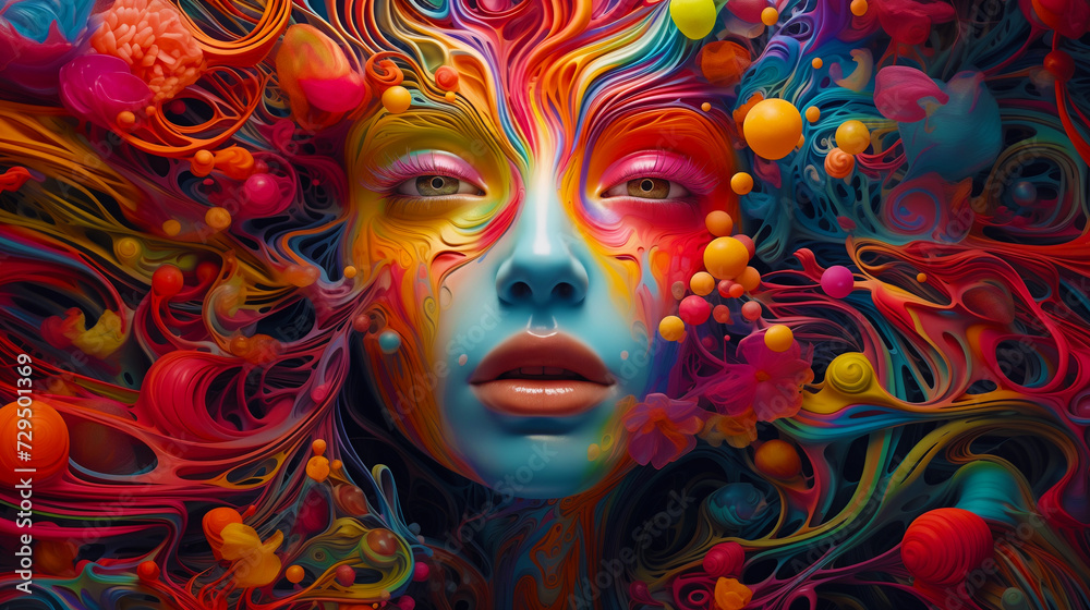 EMOTIONAL COLORFUL LADY, Female face, Bright colors, Rainbow colored hair. Multicolored graceful female face. Burst of colors. Evocative image. Modern art.