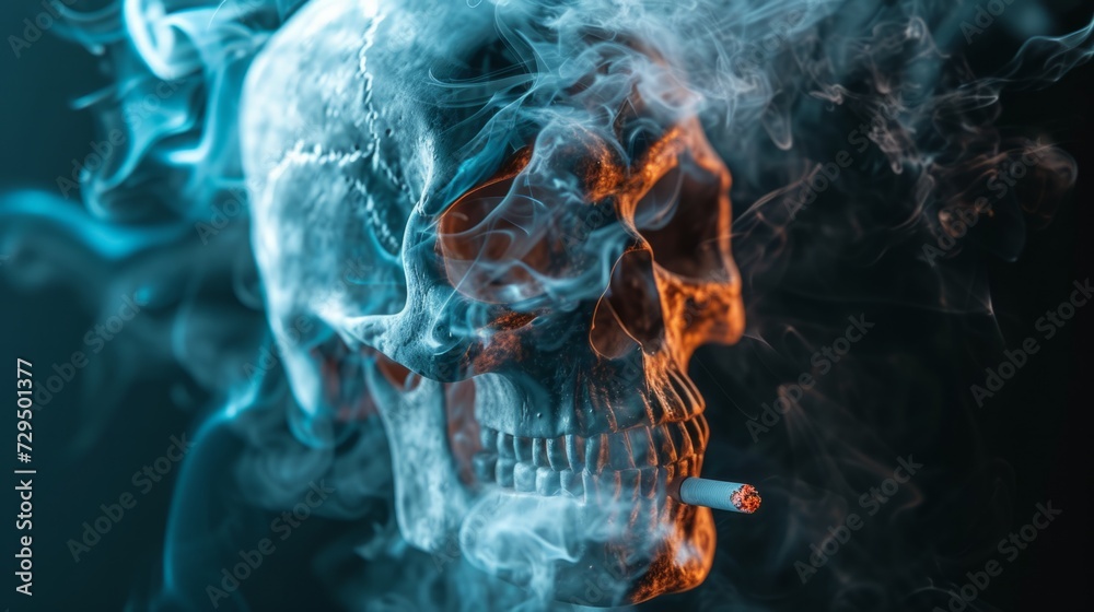 Fototapeta premium Silhouette of scary skull made of smoke in darkness