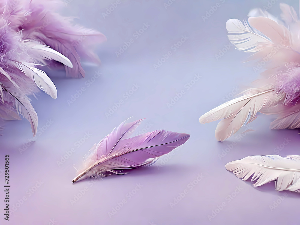 Naklejka premium A Pile of Lilac Feathers in the Left Corner, Creating an Angelic Background Banner Against a Romantic Lilac-Blue Sky with Ample Copy Space.