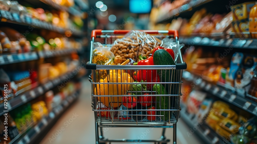 A full shopping cart in the aisle of the supermarket with a big empty space, Generative AI.