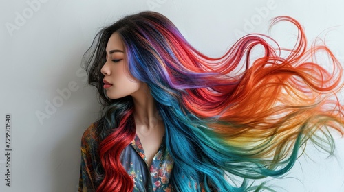 beautiful woman silky multi color hair isolated on white background 