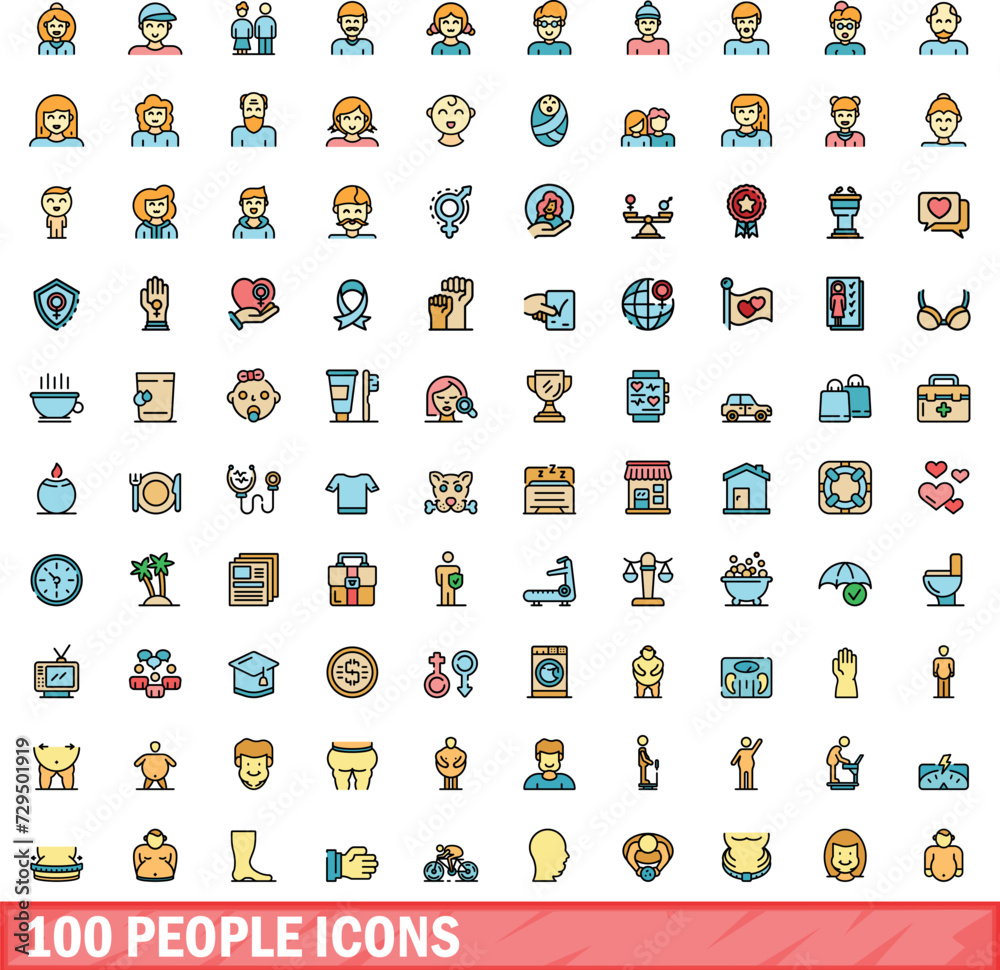 100 people icons set. Color line set of people vector icons thin line color flat on white 100 people icons set. Color line set of people vector icons thin line color flat on white