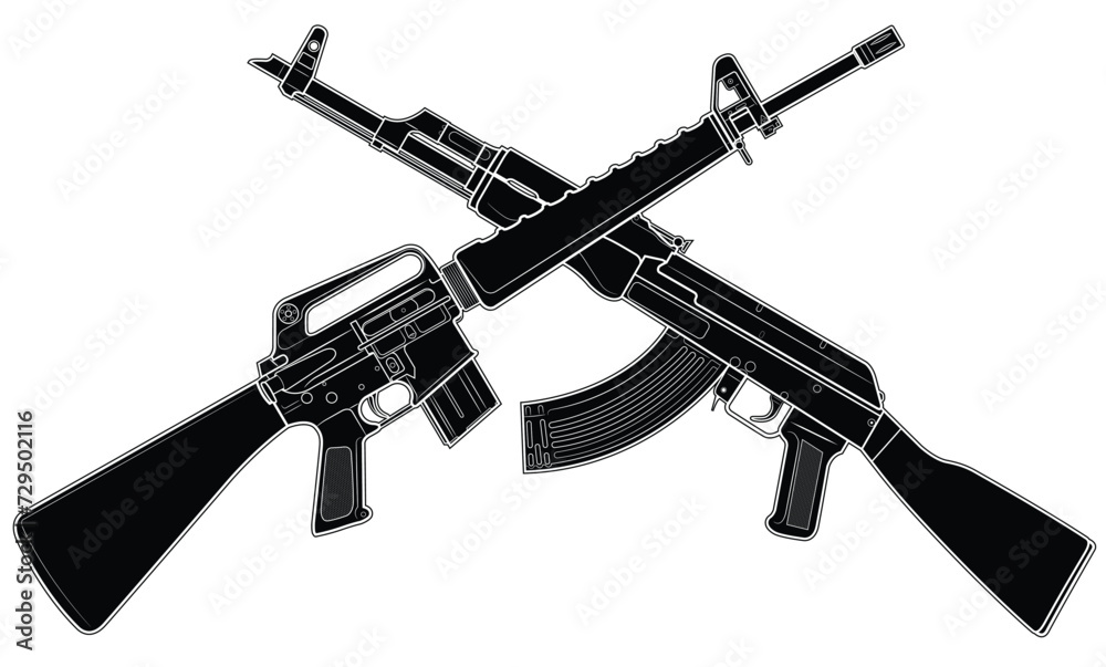 Vector illustration of two crossed rifles, american M16 and soviet AK47. Black.