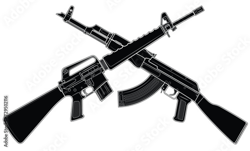 Vector illustration of two crossed rifles, american M16 and soviet AK47. Black.